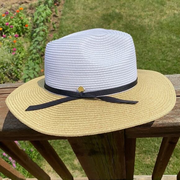 New MB Krauss Fedora Panama Tan White Colorblock Straw Beach Sun Hat - Picture 3 of 5
